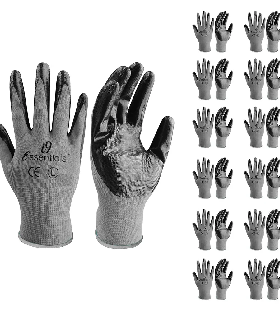 12 Pairs of gloves Large Nitrile-Coated Work Gloves | Lightweight Multi-Purpose Safety Gloves with Grip – Grey and Black