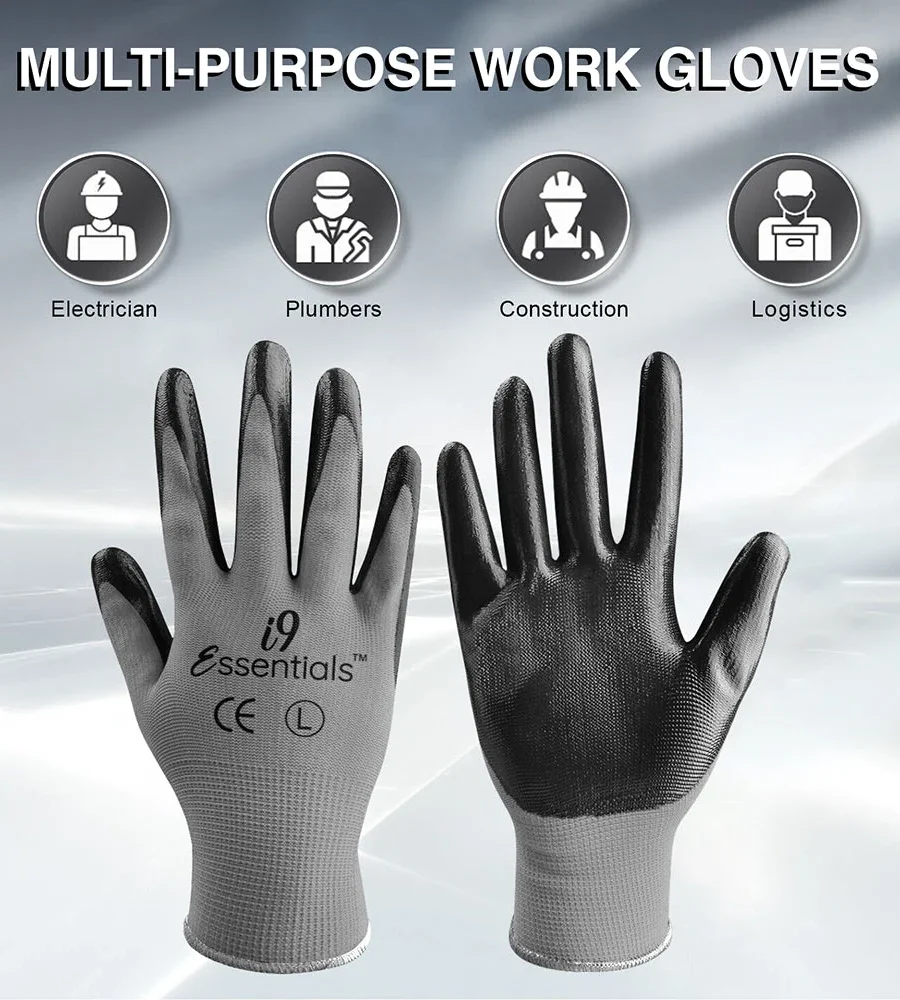 12 Pairs of gloves Large Nitrile-Coated Work Gloves | Lightweight Multi-Purpose Safety Gloves with Grip – Grey and Black